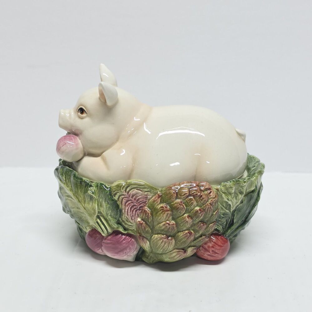 Fitz & Floyd French Market Covered Small Tureen Candy Jar Pig With Vegetables